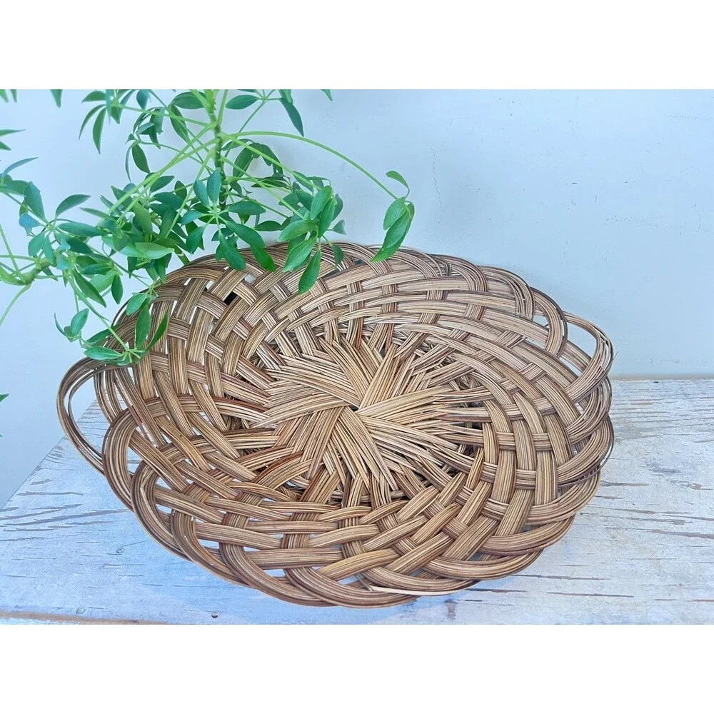 Vintage Oval Shallow Woven Wicker Basket Handles Decorative Basket Boho Home 16”